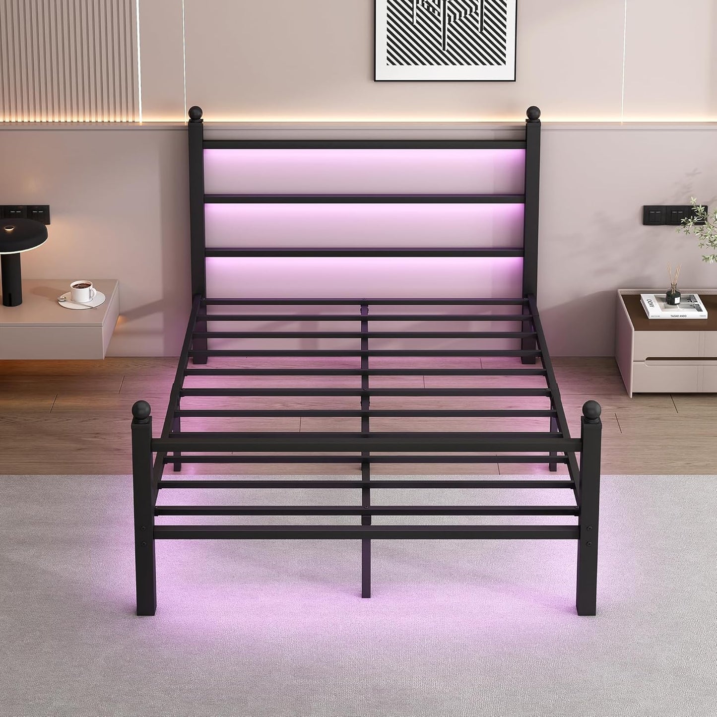 Queen Bed Frame with Headboard and Footboard,Steel Slats Support-LED Bed Frame with USB Charging Station,Mattress Foundation-Under Bed Storage,No Box Spring Needed,Noise Free,Black