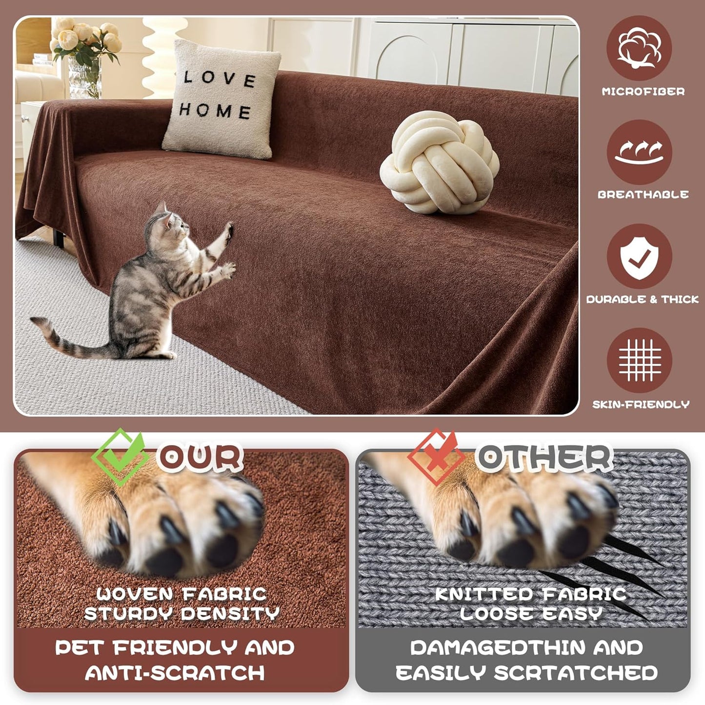 MYSKY HOME Cat Scratch Furniture Protector - Non-Slip, Washable Couch Cover for Dogs - Pet Friendly Sofa Slipcovers - Soft Thick Sofa Throw (71" x 118", Chocolate)