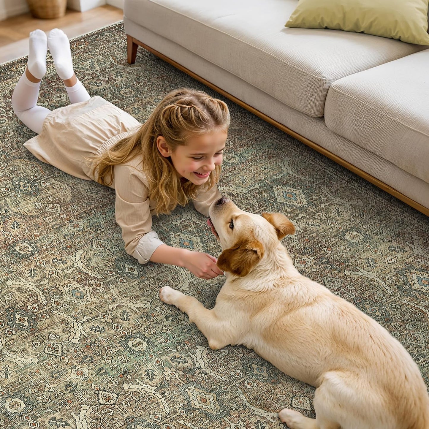 8X10 Area Rugs Machine Washable Rugs for Living Room, Vintage Boho Large Rugs for Bedroom Dining Room, Non Slip Indoor Soft Distressed Lightweight Thin Low Pile Carpet, Green Faded Red