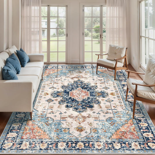 Tangsoo 4x6 Area Rug for Living Room, Washable Vintage Indoor, Distressed Blue/Beige Carpet for Bedroom, Non Slip Dining Room, Soft Low Pile Rugs Foldable for Dorm Bedside Bathroom