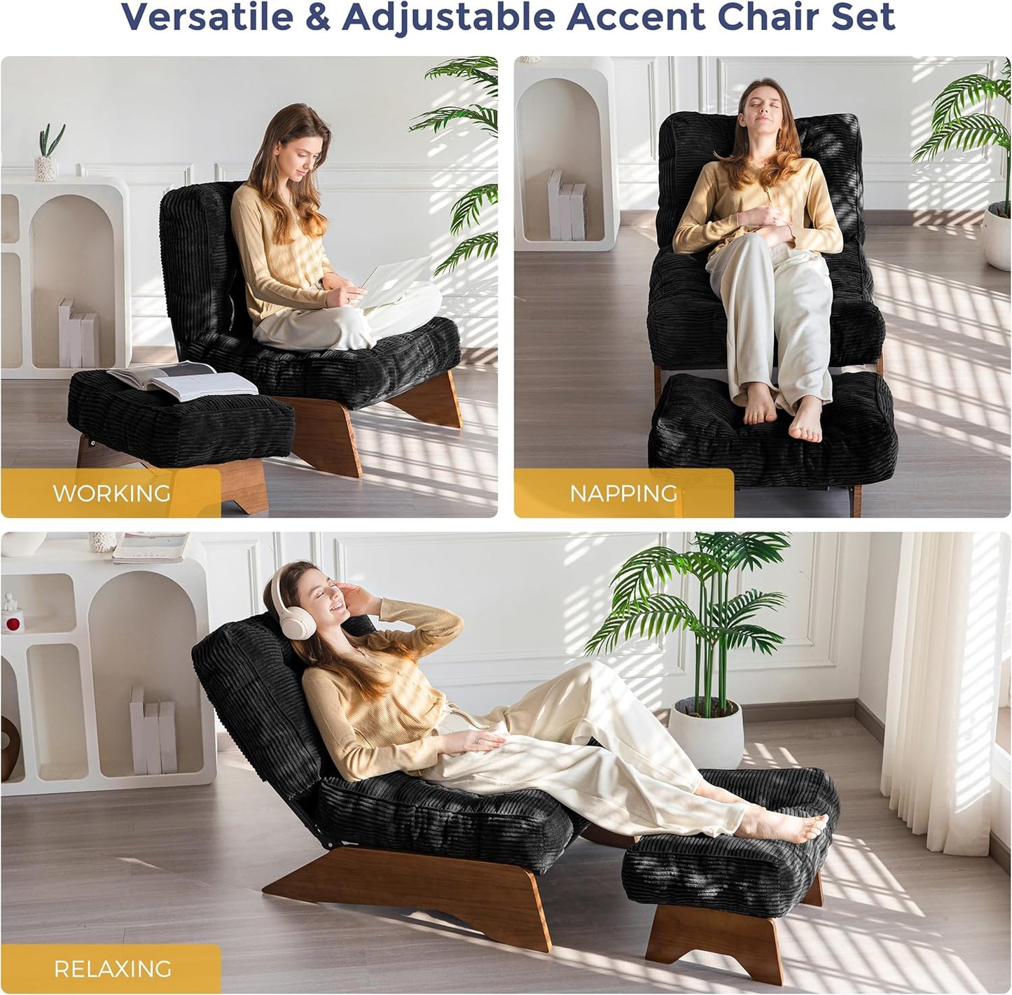 MAXYOYO Accent Chair with Ottoman Adjustable Backrest, Tufted Living Room Chair Upholstered Lounge Chair with Footrest Set, Modern Chair Cozy Reclining for Reading Room, Black