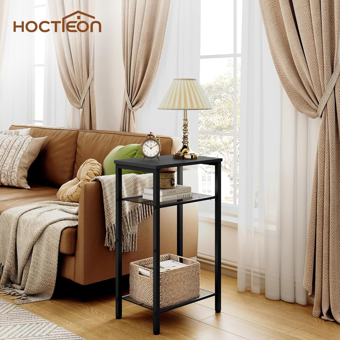 Hoctieon 2-Set 3 Tier End Table, Telephone Table Set of 2, Tall Side Table with Storage Set of 2, Small Nightstand for Small Spaces, Metal Frame, for Living Room, Bedroom, Sofa Couch, Black
