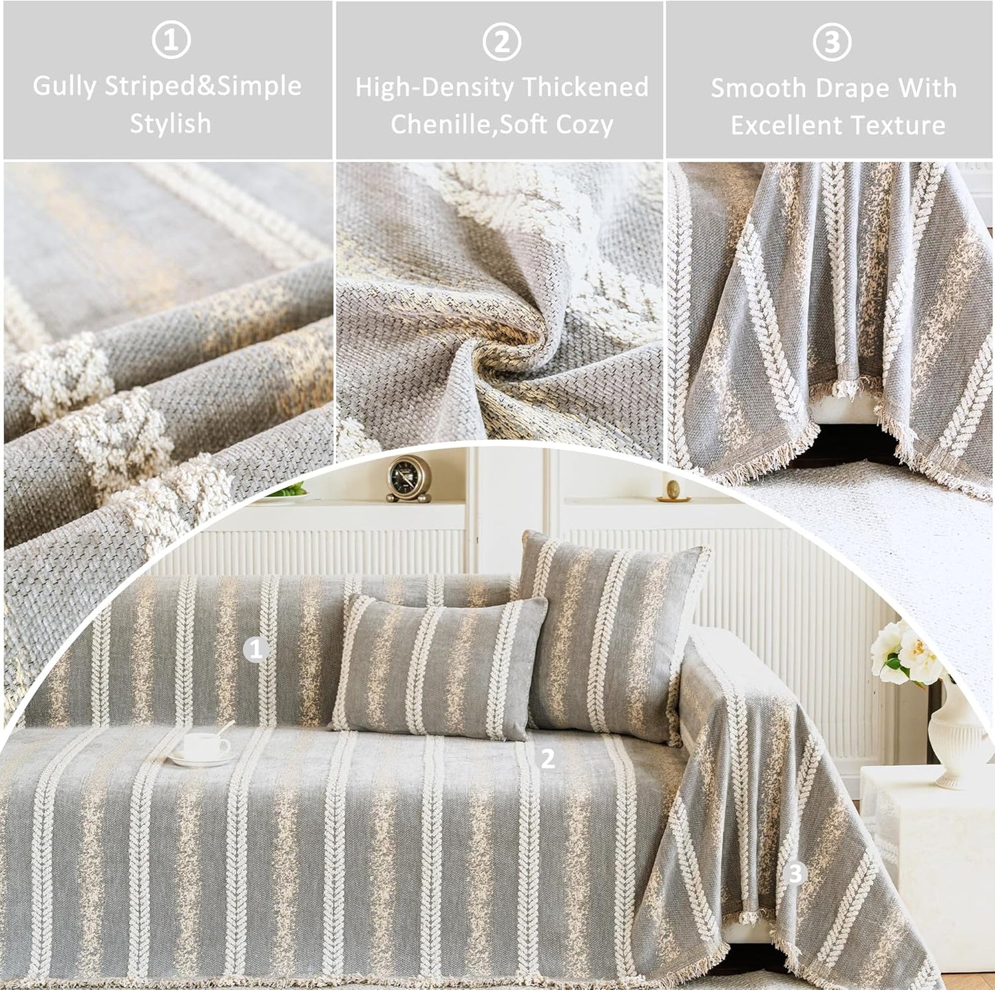Couch Cover for Dogs Washable Sofa Cover, Sectional Couch Covers, Sofa Covers for 2 Cushion Couch, Non Slip Stripe Sofa Slipcovers Furniture Protector, Couch Protector from Cat Claws, Light,75''x102''