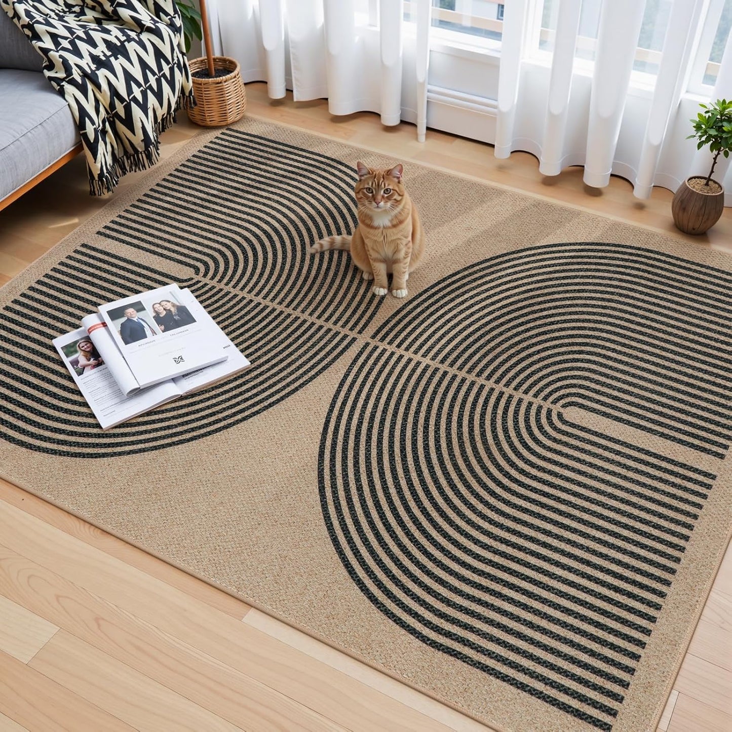 Lahome Modern Rainbow Easy Jute Office Rug, Outdoor Patio Rug 4x6 for Living Room Washable Carpet for Bedroom, Farmhouse Contemporary Non Slip Non Shedding Black Carpet for Backyard