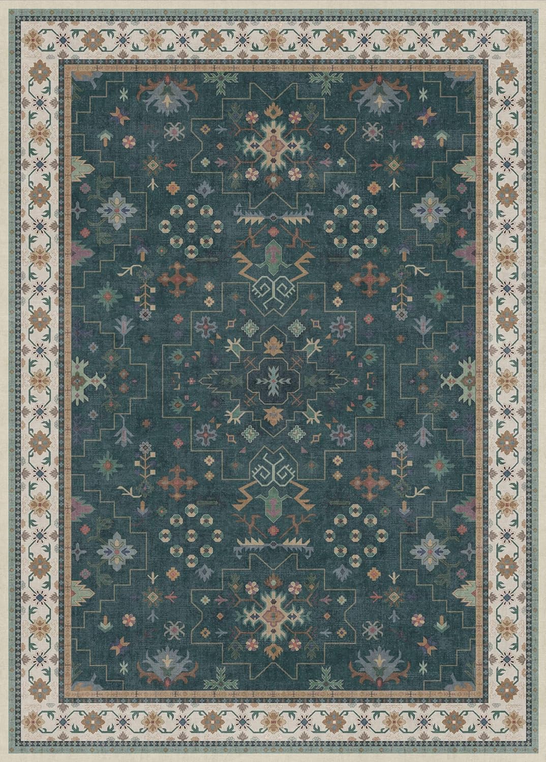 Dark Green Oushak Living Room Rug 10x14 - Modern Vintage Boho Eclectic Floral Pastel, Washable Low Pile Non-Slip Extra Large Area Rugs for Dining Under Table Bedroom Lounge