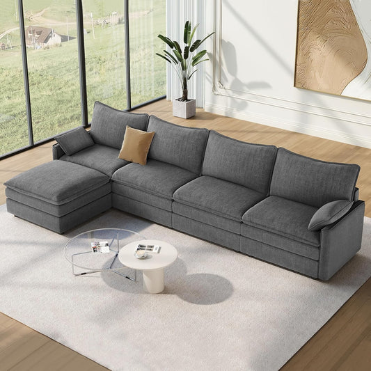 Vesgantti 142" Cloud Couch Sectional Modular Sofa, Comfy Sectional Couch with Ottoman Deep Seat Chenille L Shaped Sofa, Modular Couches for Living Room, Bedroom and Apartment, Gray
