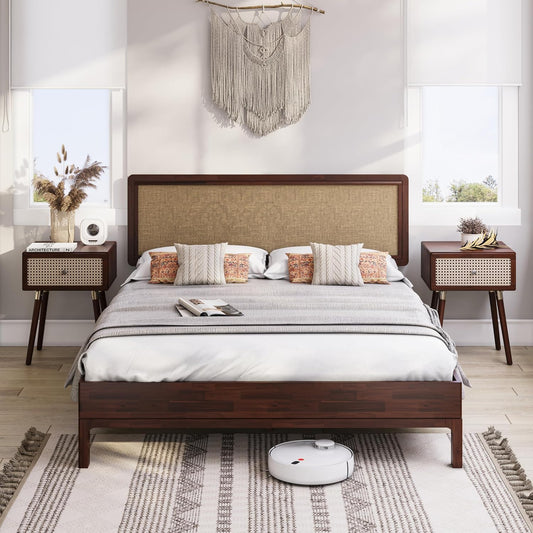 Bme Nipe Queen 14 Inch Bohemian Bed Frame with Adjustable Woven Headboard - Rustic & Vintage Unique Style with Acacia Wood - No Box Spring Needed - Easy Assembly - Walnut