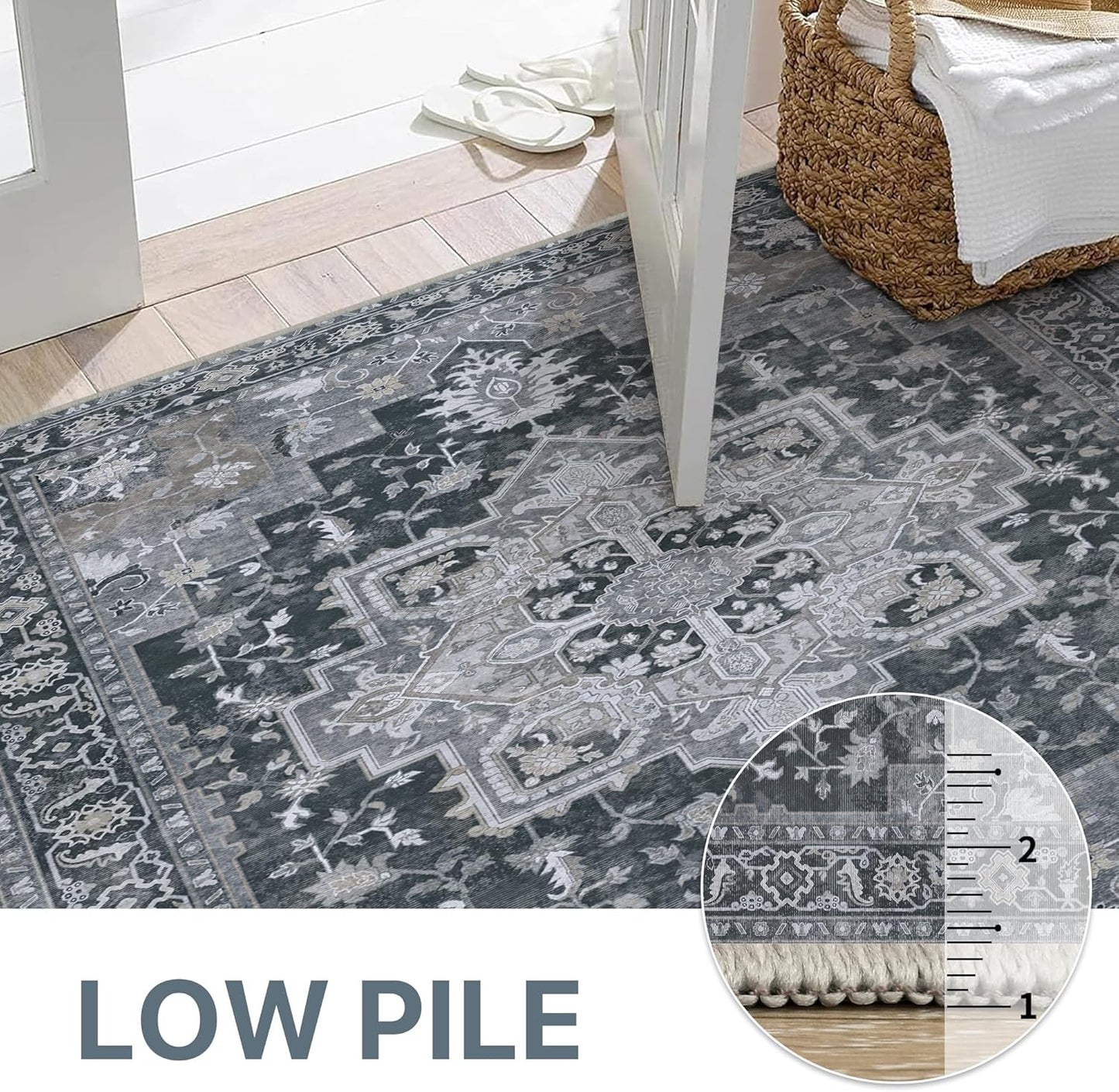 GENIMO 2'6''x10 Runner Rugs for Hallway, Machine Washable Non Slip Vintage Rugs, Low Pile Lightweight Soft Print Rug for enrtyway, Corridor, Home Office, Kitchen,Dark Gray