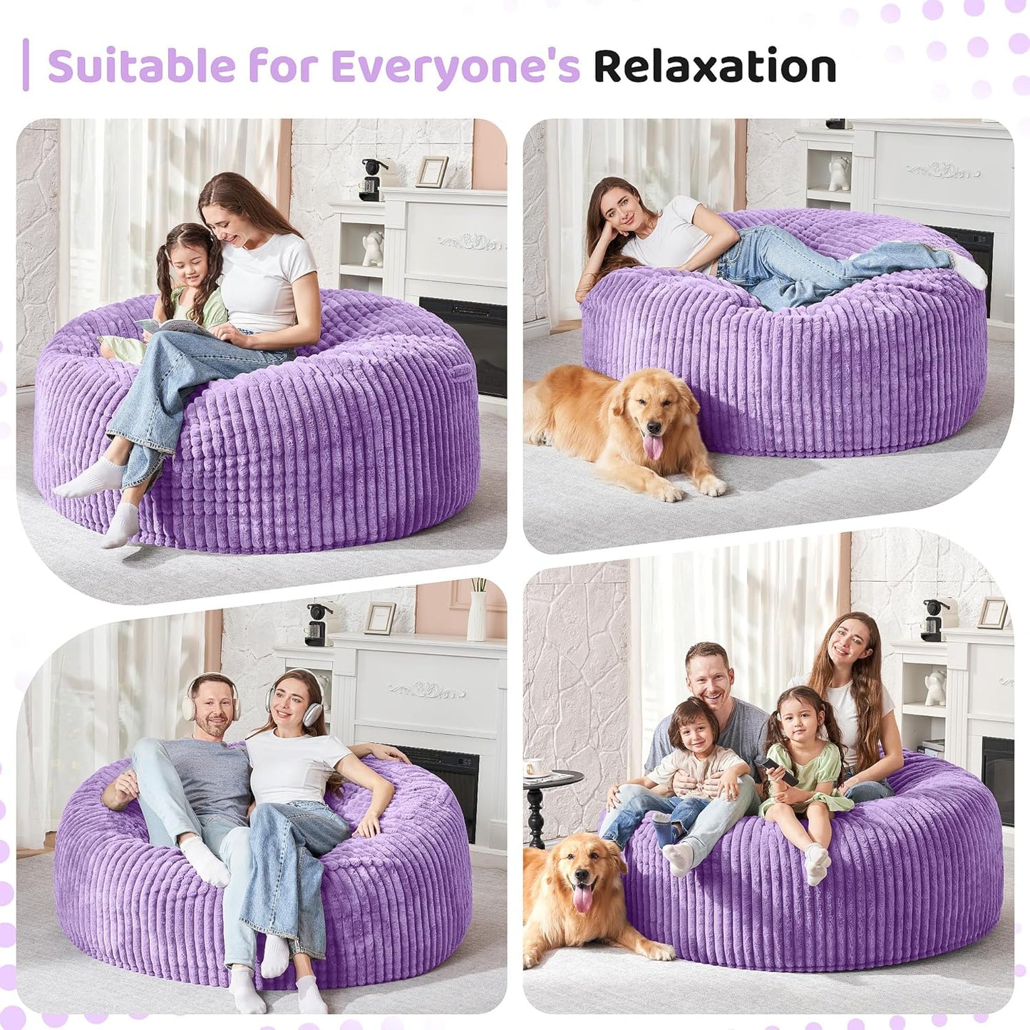 HABUTWAY 5FT Bean Bag Chair, 5' Large Bean Bag Chairs for Adults with Removable Stripe Plush Cover, Memory Foam Beanbag Chair for Living Room Bedroom Dorm (Purple)