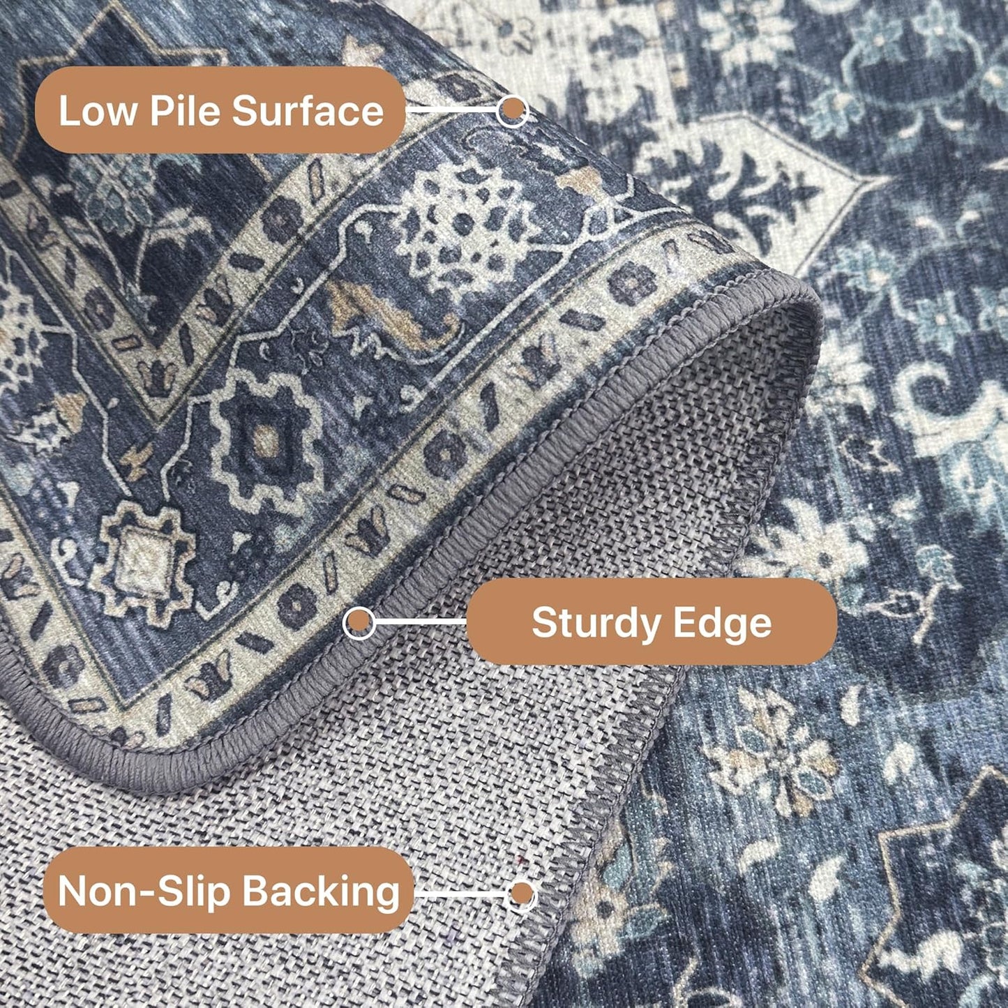 GENIMO 9x12 Area Rugs for Living Room, Machine Washable Non Slip Vintage Rugs, Low Pile Lightweight Chenille Print Rug for Bedroom, Dining Room, Home Office, Center Blue