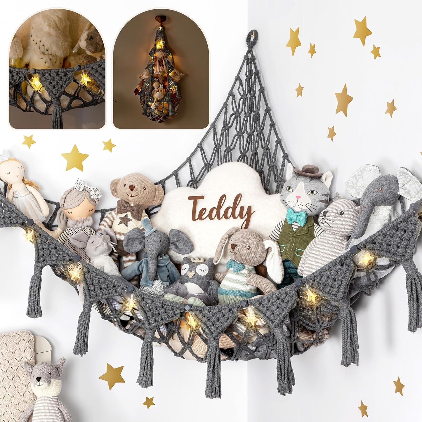 Macrame DreamLights Boho Stuffed Animal Storage Net or hammock Extra Large for Small or large Plushies. Plush Gray Toy Storage Holder