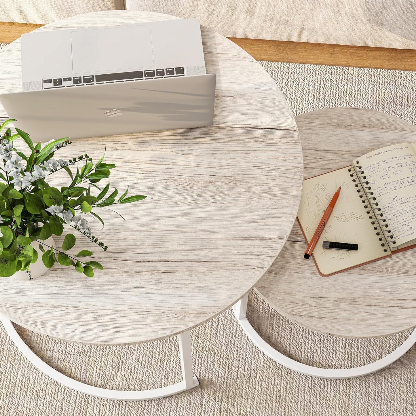 Round Coffee Table Set of 2 End Tables for Living Room,Modern White Coffee Table Nesting Tables,Living Room Tables Wood Furniture Metal Frame,Sturdy Stacking Side Tables,Easy Assembly,Oak