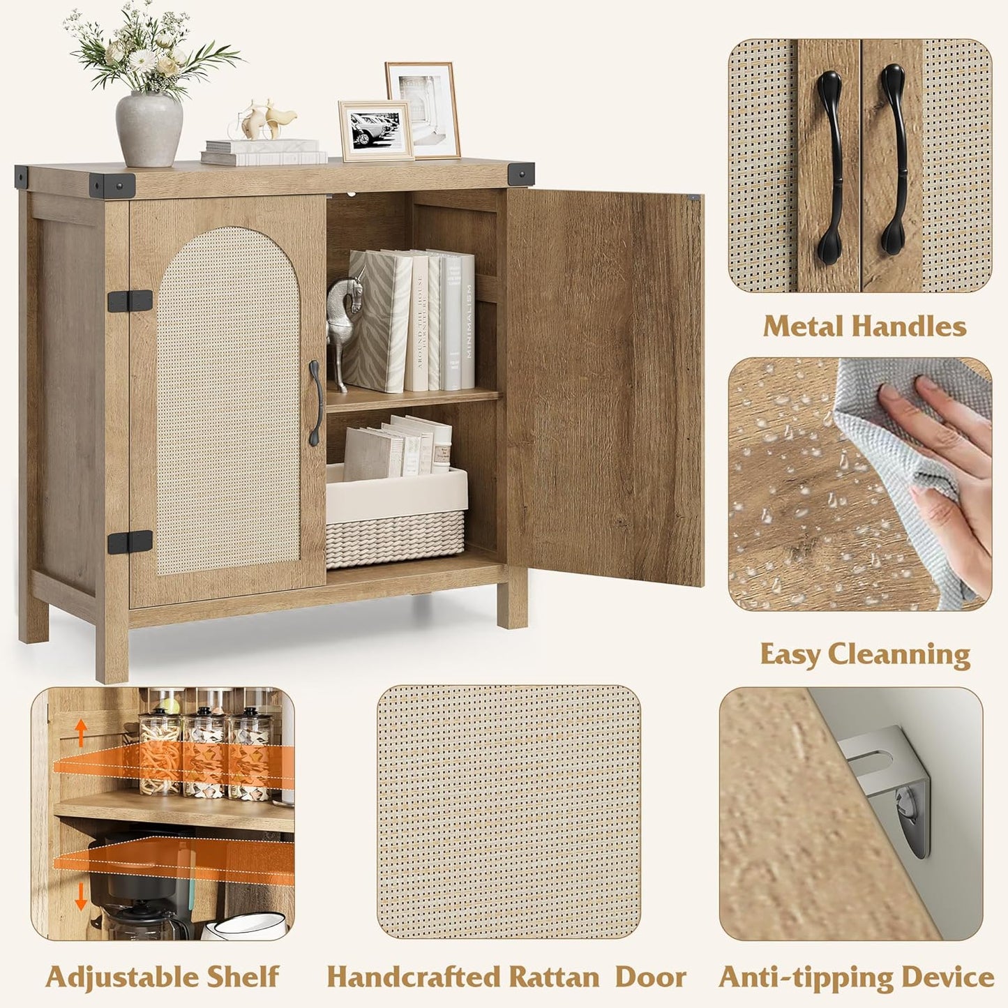 Garvee 31.5'' Small Rattan Buffet Cabinet with Storage, Kitchen Coffee Bar Cabinet with Doors, Boho Farmhouse Sideboard with Adjustable Shelves and Handle for Kitchen, Living Room, Natural