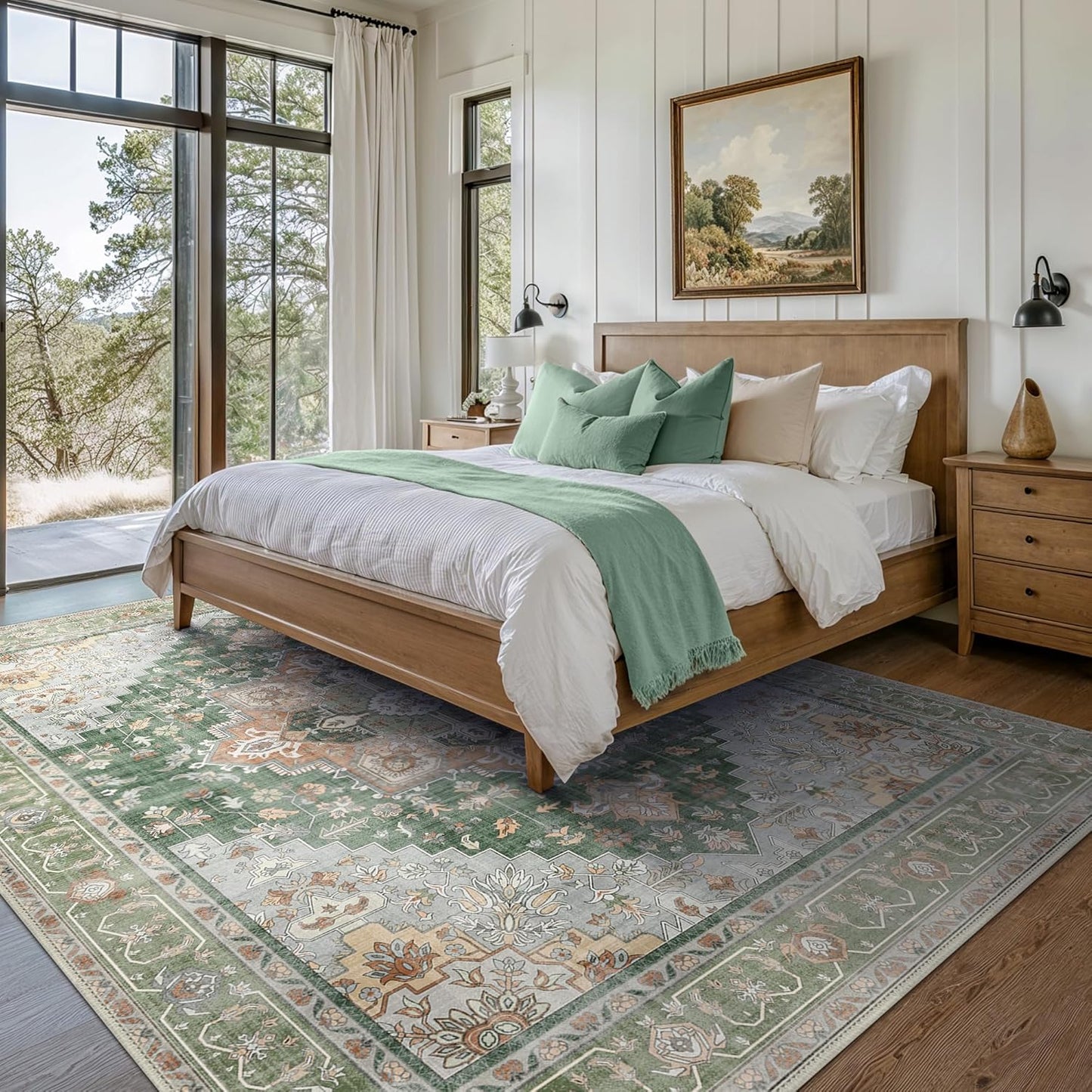 GENIMO 7x10 Area Rugs for Living Room, Machine Washable Non Slip Vintage Rugs, Low Pile Lightweight Chenille Print Rug for Bedroom, Dining Room, Home Office,Sage Green