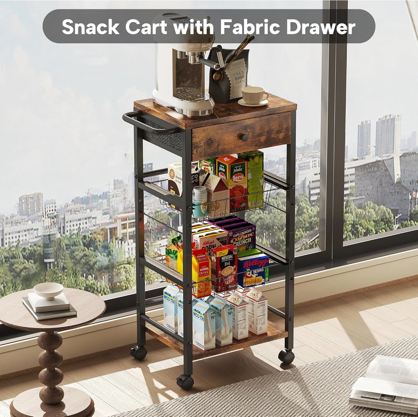 Kitchen Organizer and Storage Cart with Fabric Drawer and Convenient Handle, Snack Organizer Cart with 2 Pull-Out Baskets and 2 Storage Shelves, Rolling Kitchen Cart for Fruit Potato Onion Vegetable