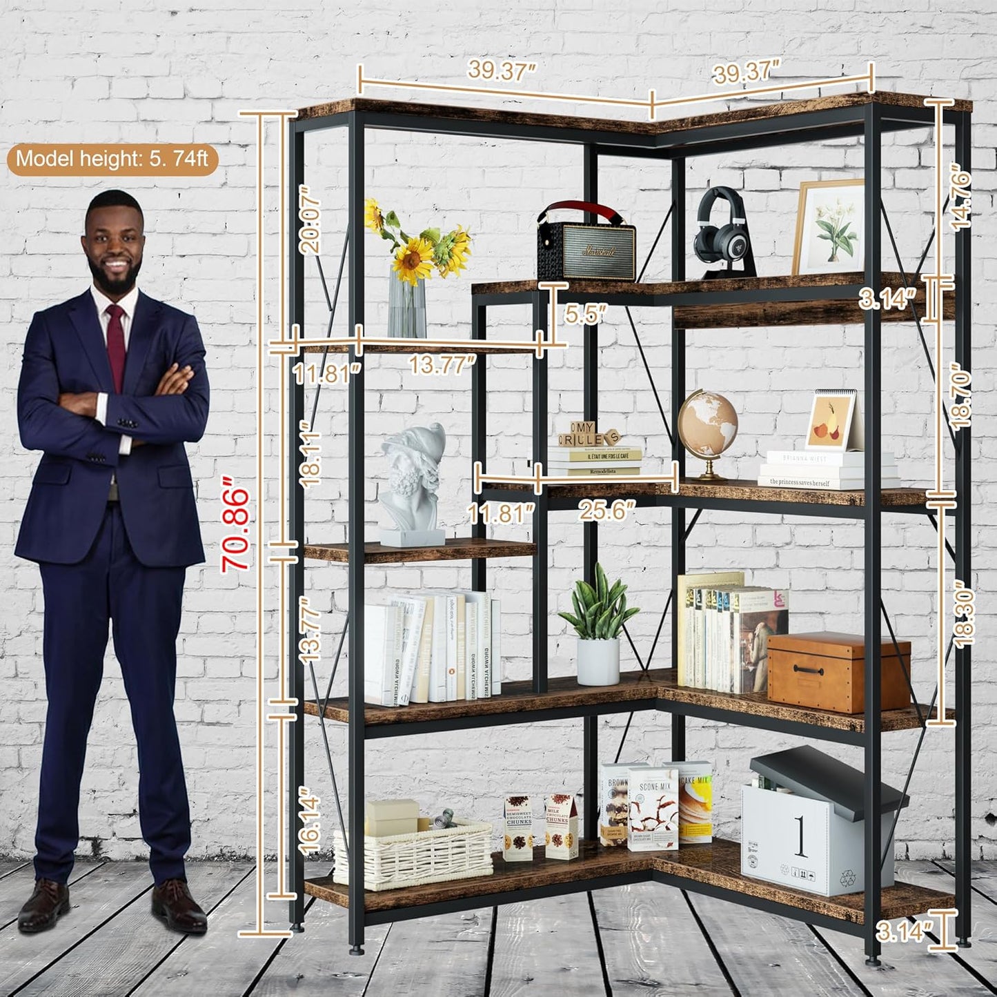Shintenchi 5 Tiers Corner Bookshelf, 70.86" Tall L-Shaped Bookcase, Large Corner Etagere Bookcase, Corner Shelf Display Storage Rack with Metal Frame for Living Room Home Office, Rustic Brown