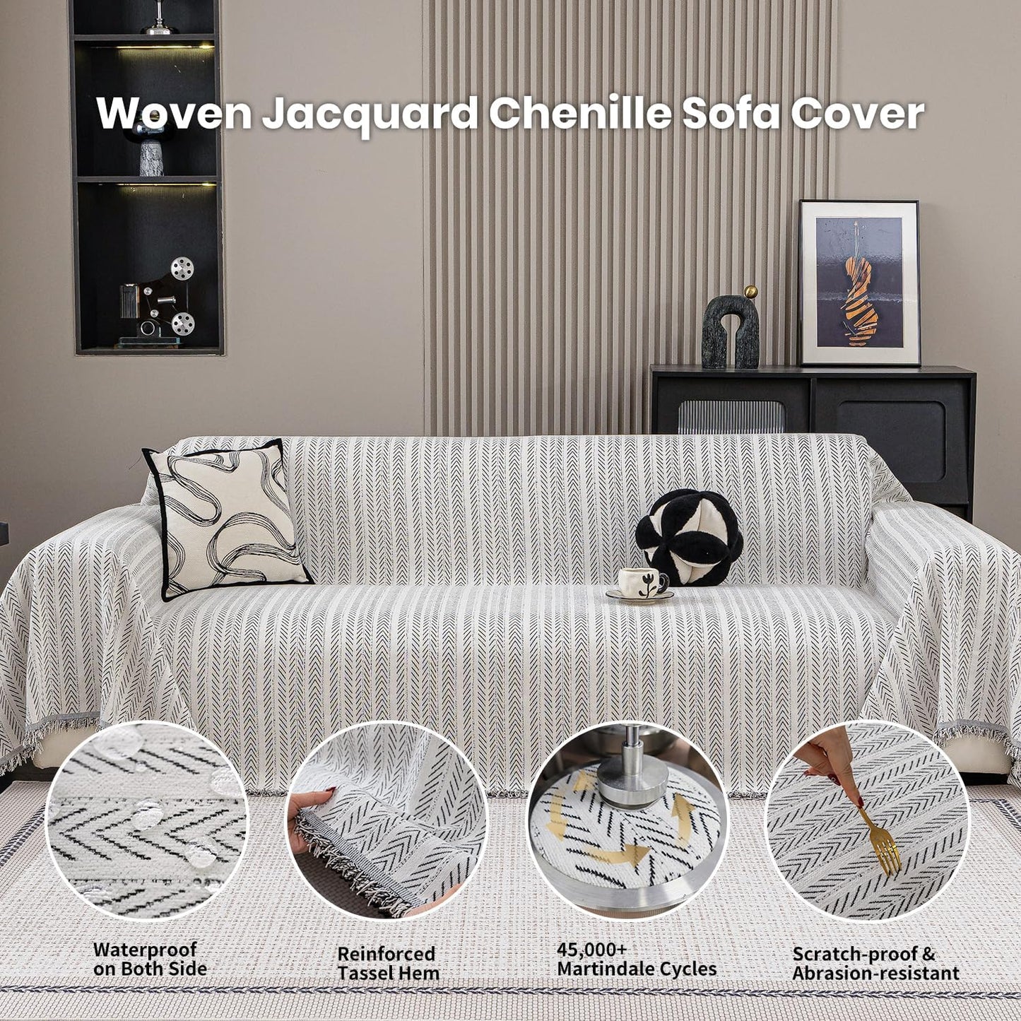 Nobildonna Sofa Cover Washable Soft Thicken Chenille Couch Cover with Tassel,Waterproof Sofa Slipcover for 3-4 Cushion Couch,Sectional Sofa,L-Shaped Furniture Protector Pet-Friendly,Beige 71"x150"