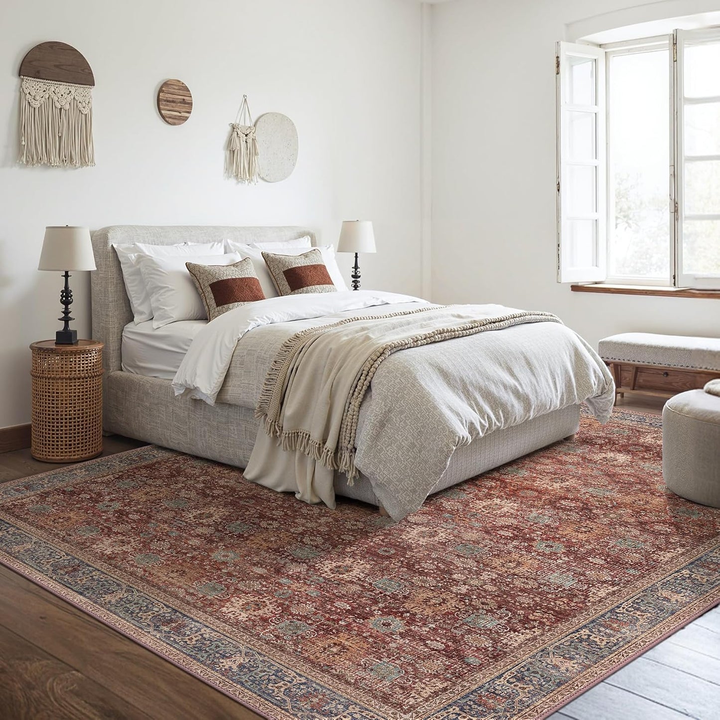 8X10 Area Rugs Machine Washable Rugs for Living Room, Vintage Boho Large Rugs for Bedroom Dining Room, Non Slip Indoor Soft Distressed Lightweight Thin Low Pile Carpet, Red Brown