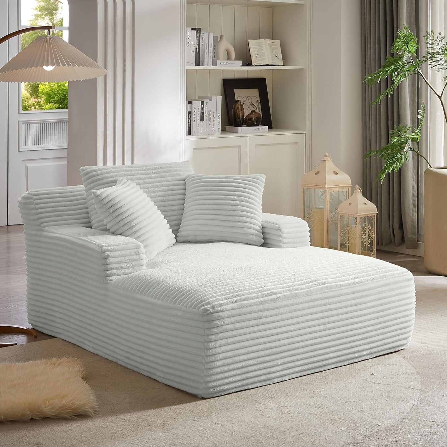 Oversized Chaise Daybed Lounge Sleeper Chair Sofa Full Foam Cloud Chaise Sofabed for Living Room,Luxury Plush Corduroy Upholstered Sleeper Couch Extra Wide Chair Bed W/3 Pillows for Home/Apartment