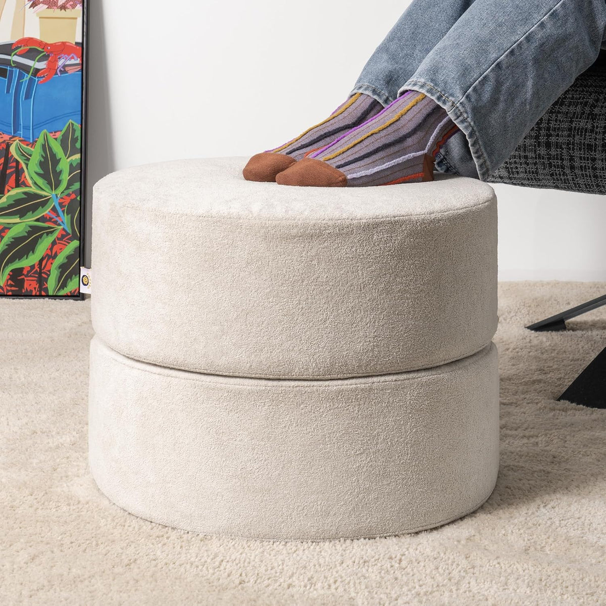 Pouf Ottoman Foot Rest Stool, Double Layer Round Modern Foam Filled Foot Stool for Couch, Living Room, Bedroom (Apricot)