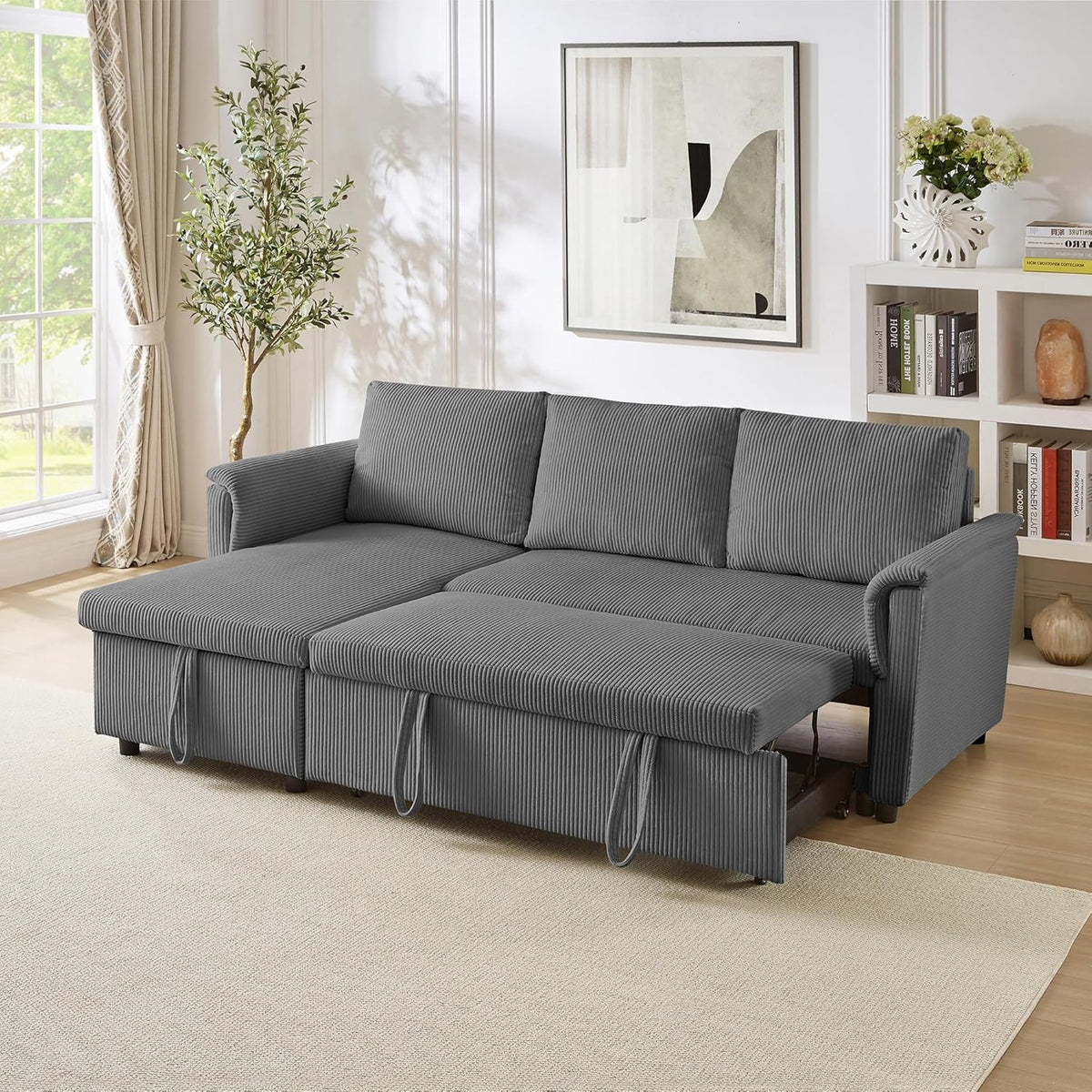 Ball & Cast Reversible Sectional Sofa Couch,L-Shape Sleeper Sofa Bed with Storage Chaise Pull Out Couch for Living Room | Hidden Storage | Pull Out Bed | Removable Backrest | Corduroy Fabric,Gray