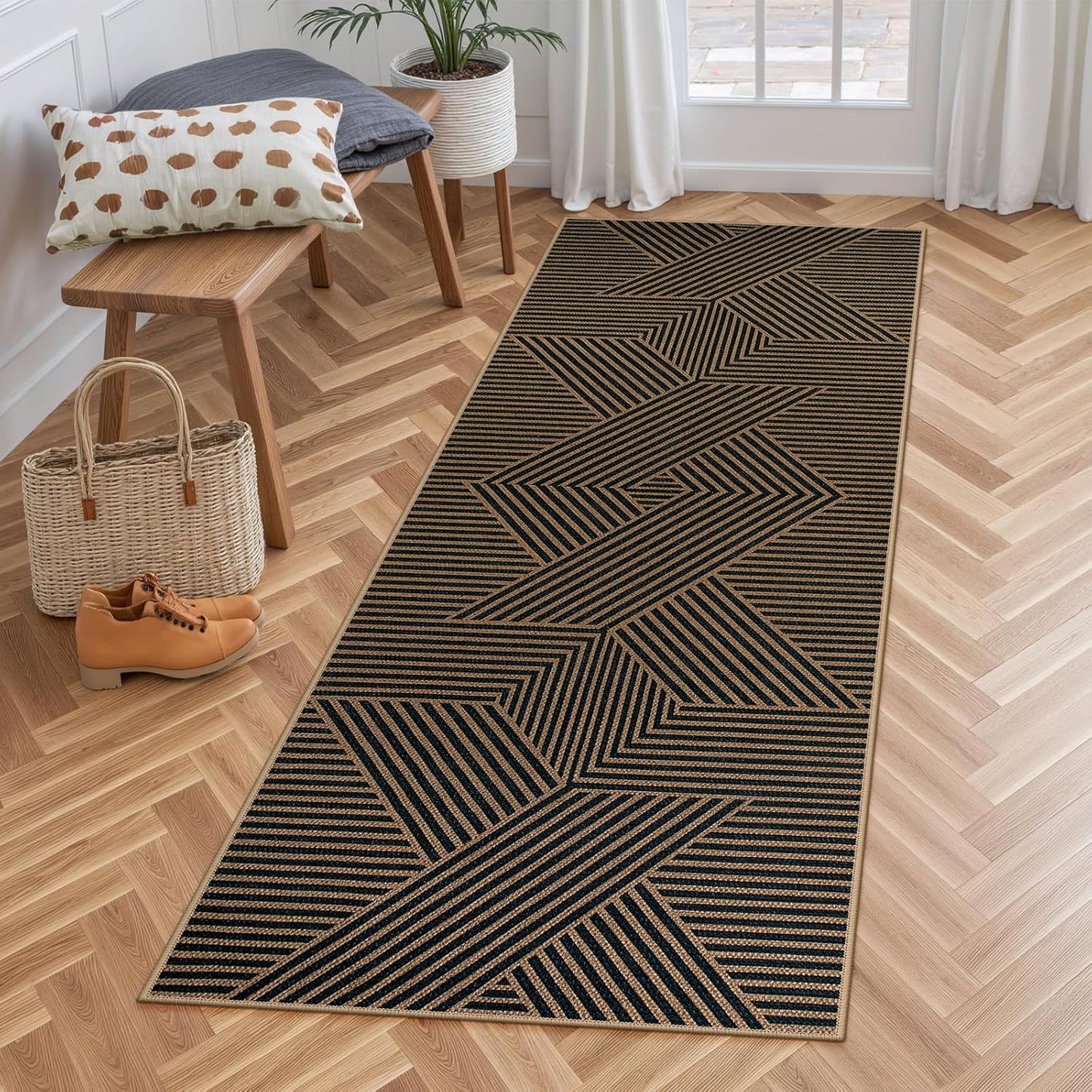 Lahome Modern Geometric Runner Rug, 2x6 Washable Rug Runners for Hallways Non Slip, Black Outdoor Carpet with Rubber Backing, Farmhouse Non Shedding Kitchen Mats for Floor Entryway