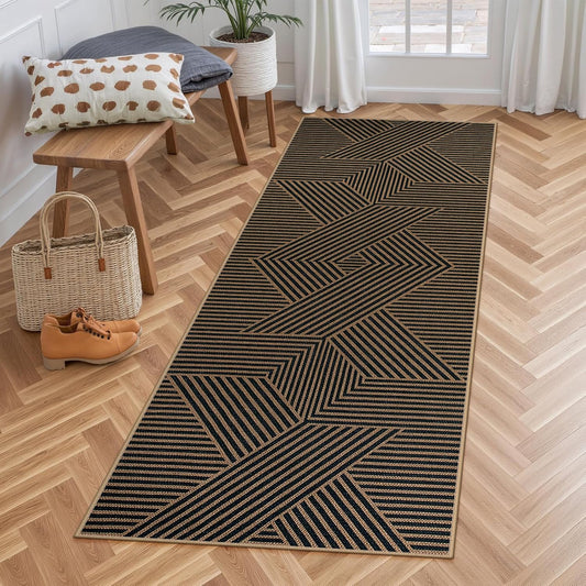 Lahome Modern Geometric Runner Rug, 2x6 Washable Rug Runners for Hallways Non Slip, Black Outdoor Carpet with Rubber Backing, Farmhouse Non Shedding Kitchen Mats for Floor Entryway
