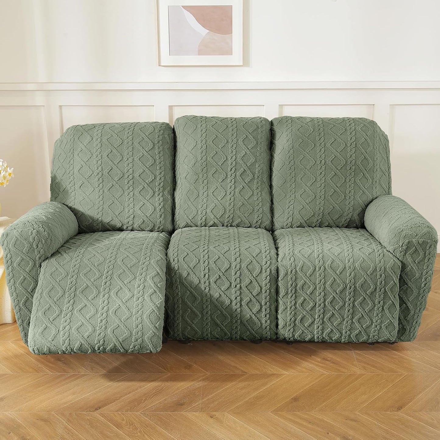 vctops 8 Pieces Geometric Jacquard Plush Recliner Sofa Covers Soft Fuzzy Fluffy 3 Seats Couch Cover Anti-Slip Sofa Slipcover Furniture Protector with Elastic Bottom for Kids Pet(Green,3 Seat)
