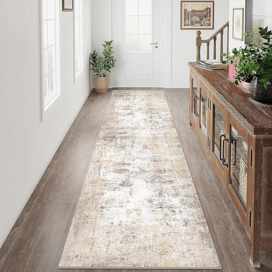 3x8 Washable Runner Rug Beige Grey Neutral Abstract Hallway Kitchen Living Room Bedroom Non Slip Throw Rug Soft Low Pile Indoor Carpet for Entrance Laundry Bathroom