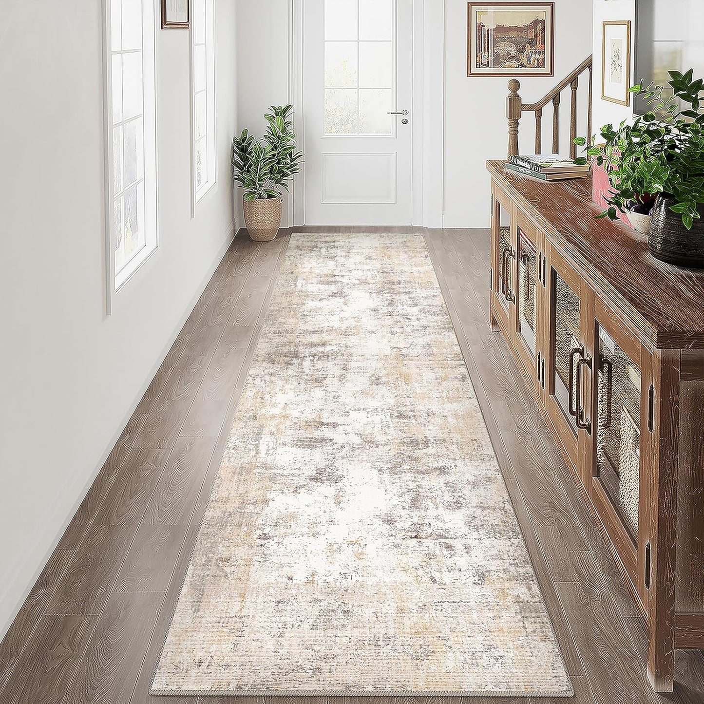 3x12 Washable Runner Rug Beige Grey Neutral Abstract Hallway Kitchen Living Room Bedroom Non Slip Throw Rug Soft Low Pile Indoor Carpet for Entrance Laundry Bathroom