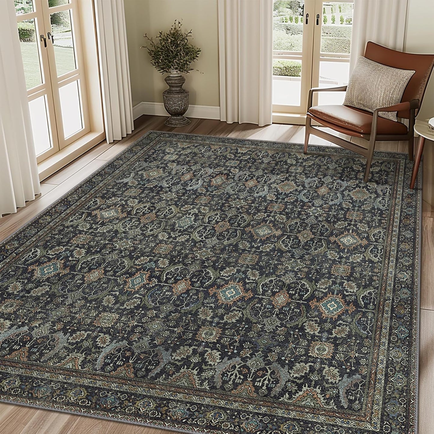 9X12 Area Rugs Machine Washable Rugs for Living Room, Vintage Boho Large Rugs for Bedroom Dining Room, Non Slip Indoor Soft Distressed Lightweight Thin Low Pile Carpet, Black