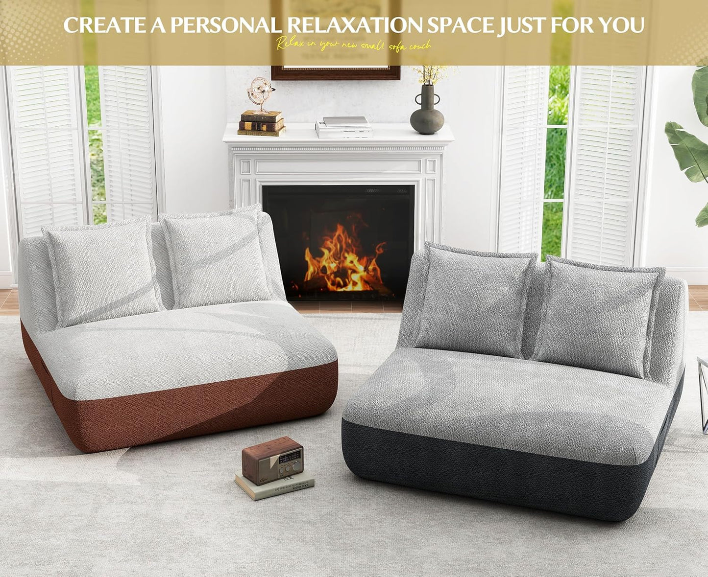 Hobestluk Small Sofa Couch Lounge Sofa Chair for Living Room, Comfy Memory Foam Couch, Mini Sofa with Side Pocket for Living Room, Bedroom (Grey+Light Grey)