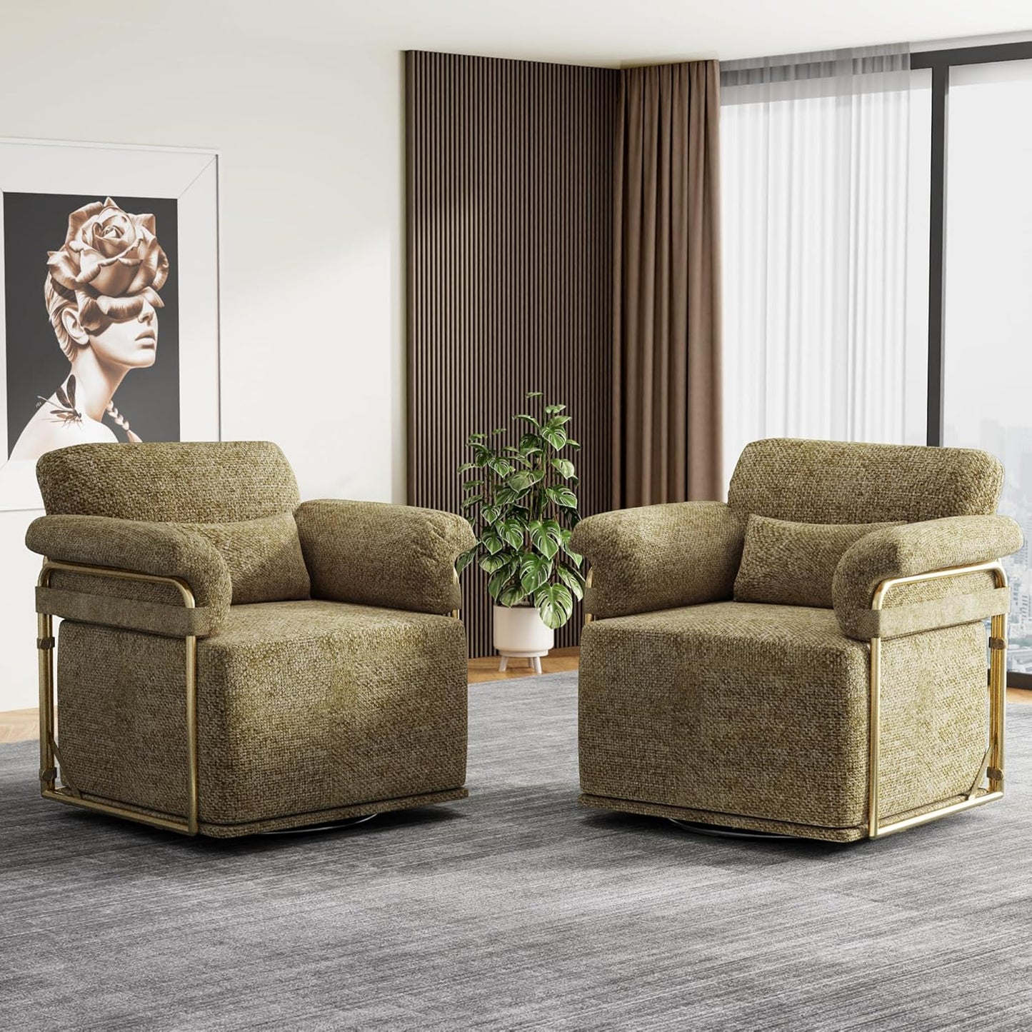 KEIKI Modern Comfy Swivel Accent Reading Chair with Waist Pillows, 360°Square Upholstered Barrel Armchair Single Club Lounge Sofa Chairs for Living Room,Bedroom,Office,Brown