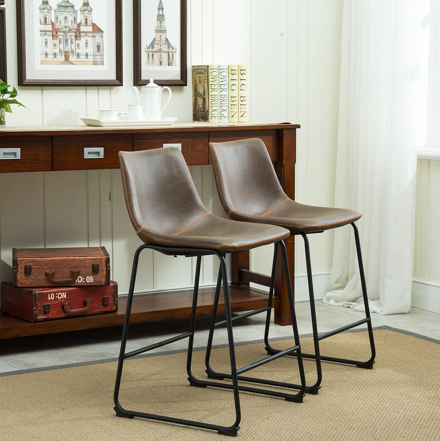 Roundhill Furniture Lotusville Vintage PU Leather Counter Height Stools, Antique Brown, Set of 2