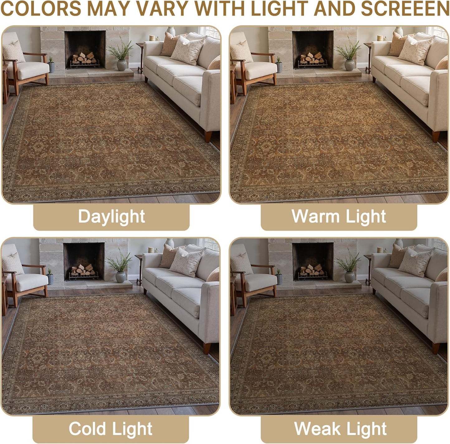 9X12 Area Rugs Machine Washable Rugs for Living Room, Vintage Boho Large Rugs for Bedroom Dining Room, Non Slip Indoor Soft Distressed Lightweight Thin Low Pile Carpet, Rustic Brown