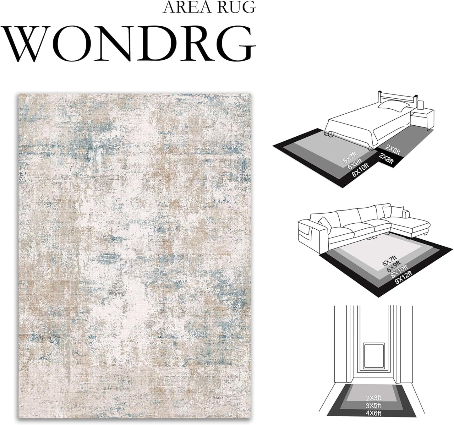 8x10 Washable Area Rug Beige Blue Neutral Abstract Living Room Bedroom Large Throw Rug Non Slip Soft Low Pile Indoor Floor Carpet for Dining Room Kitchen Office Entryway