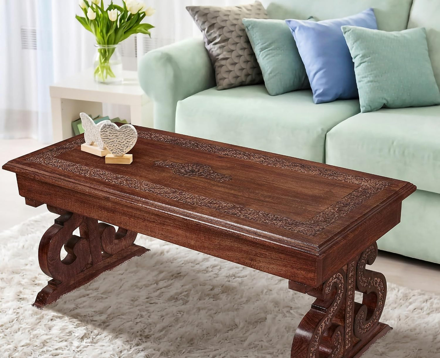 Lightnpro Handcrafted Mango Wood Rectangular Coffee Table - Vintage Rustic Living Room Center Table with Intricate Carving, Modern Farmhouse Style, Eco-Friendly Furniture - 40x18 Inch Burnt Finish