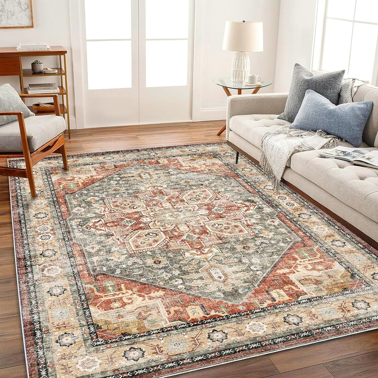 Washable Area Rug 10'x14' Red Khaki Retro Flowers Boho Design Non-Shedding Easy Care Ideal for High Traffic Areas in Living Room Bedroom Office Coffee Table Kitchen Large Carpet