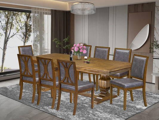 NKAM9-AWA-34 9-Piece Dining Table Set Includes a Kitchen Table and 8 Dark Grey Polyester Fabric Dinner Chairs with High Back - Antique Walnut Finish