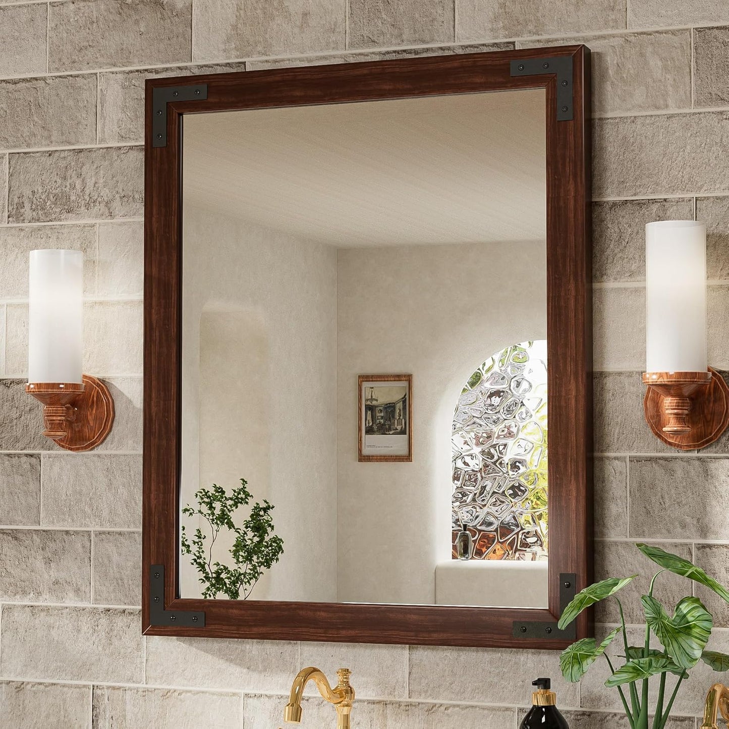 TETOTE 24 x 32 Walnut Wood Framed Mirror for Bathroom Wall/Bedroom/Living Room/Entryway Farmhouse Rustic Wall Mirror Waterproof (Horizontal/Vertical Mounted)