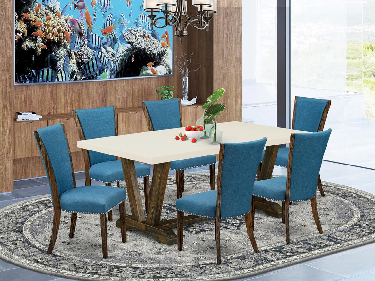 East West Furniture V727VE721-7 7 Piece Dining Room Table Set Consist of a Rectangle Kitchen Table with V-Legs and 6 Blue Color Linen Fabric Parson Dining Chairs, 40x72 Inch, Multi-Color
