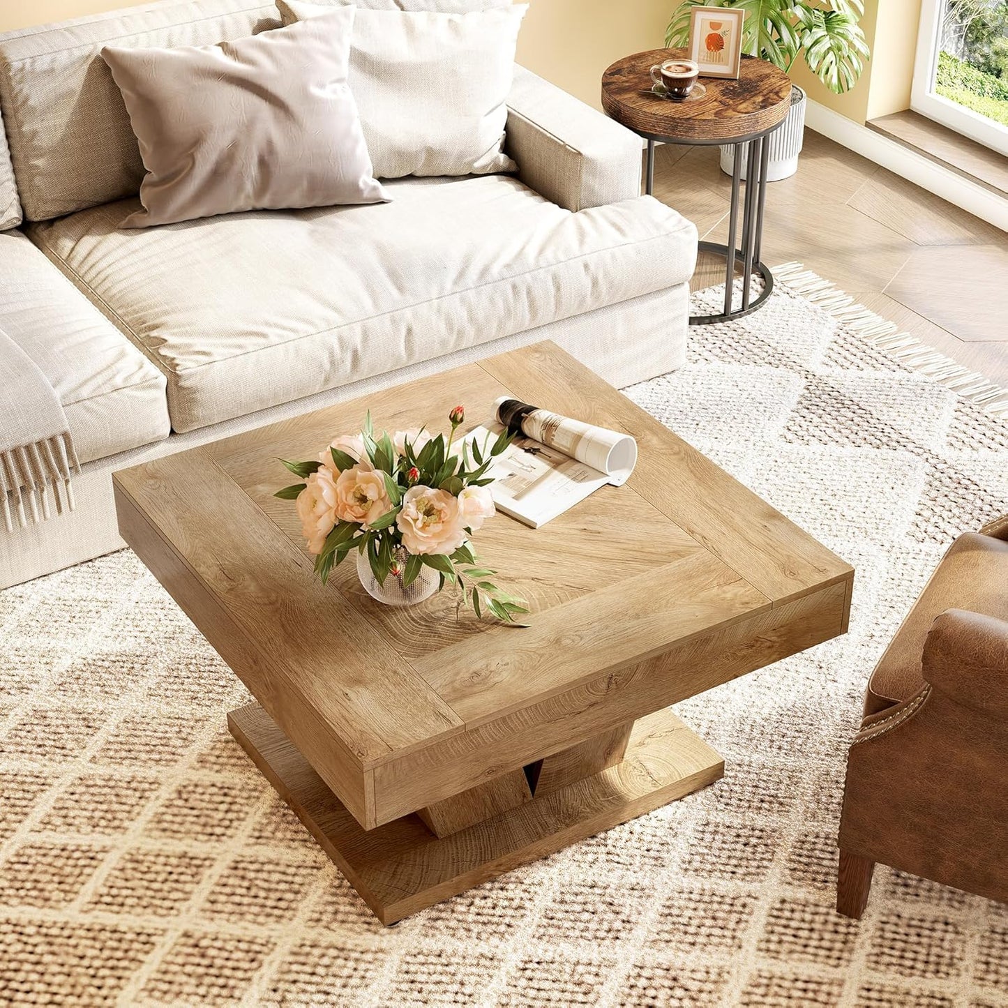 LITTLE TREE Square Coffee Table, Modern Rustic Coffee Table for Living Room, Wooden Table with Adjustable Feet, Oak