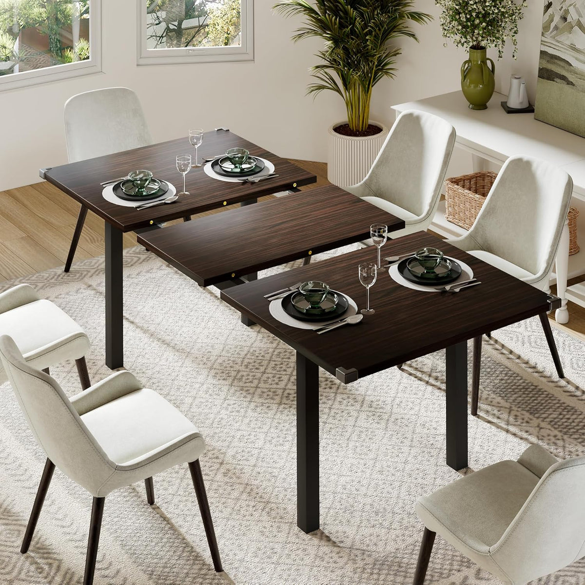 Feonase 63" Extendable Kitchen Table, Modern Farmhouse Dining Table for 4-8, Wooden Dining Room Table for Small Space, Dining Room, Home Office, Living Room Furniture, Espresso