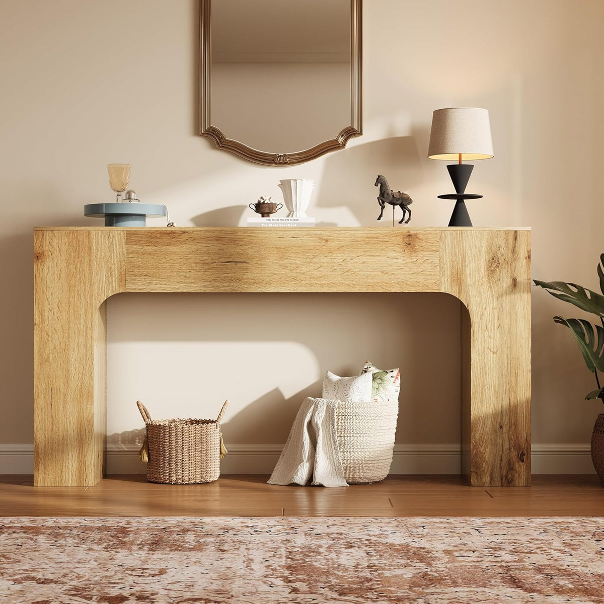 63 Inch Farmhouse Long Console Table, Wooden Sofa Table for Behind Couch, Entryway Furniture for Living Room or Hallway, Foyer Accent in Cracked Oak