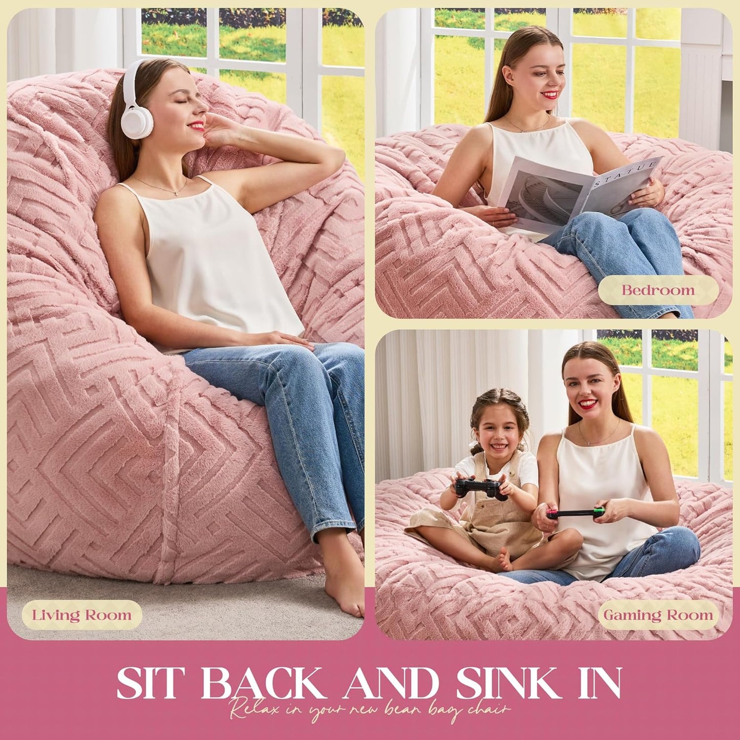 Hobestluk Bean Bag Chairs Adults Beanbag Chair with Filler Large Bean Bags with Fluffy Embossed Cover, Giant Bean Bag Chairs for Adults (Pink, 4FT - 44” x 44” x 24”)