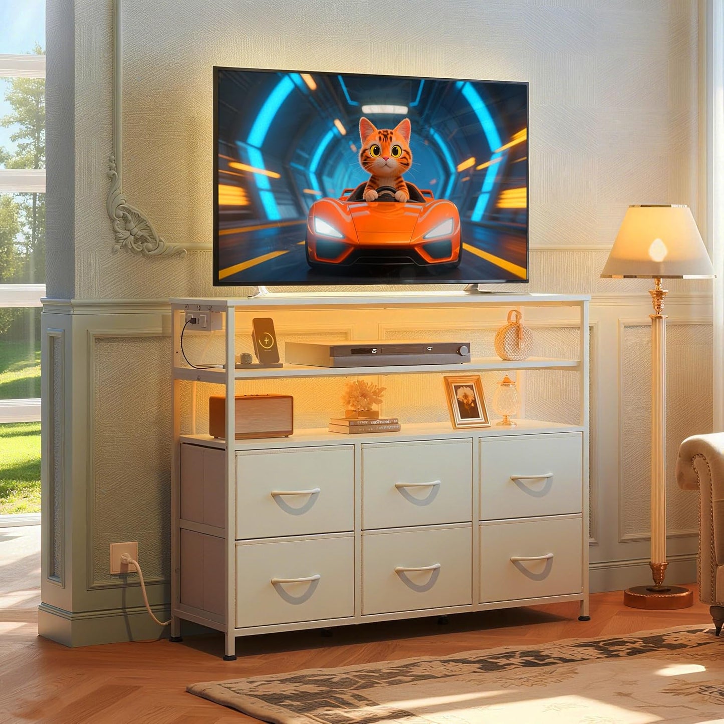 WLIVE White TV Stand for 40, 45 inch TV, Entertainment Center with LED Lights & Charging Station, TV Media Console Table with 6 Fabric Drawers and Open Shelves for Living Room, Hallway, Wood Top