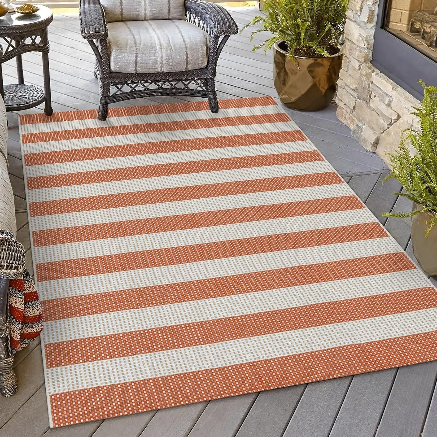 OJIA Outdoor Rug 4'x6', Cotton Woven Patio Rug Washable Rugs Front Porch Rug Outdoor Door Mat Entryway Rugs Indoor Area Rugs Floor Mat for Backyard/Entry/Kitchen/Bedroom/Living Room (Orange/White/Tan)
