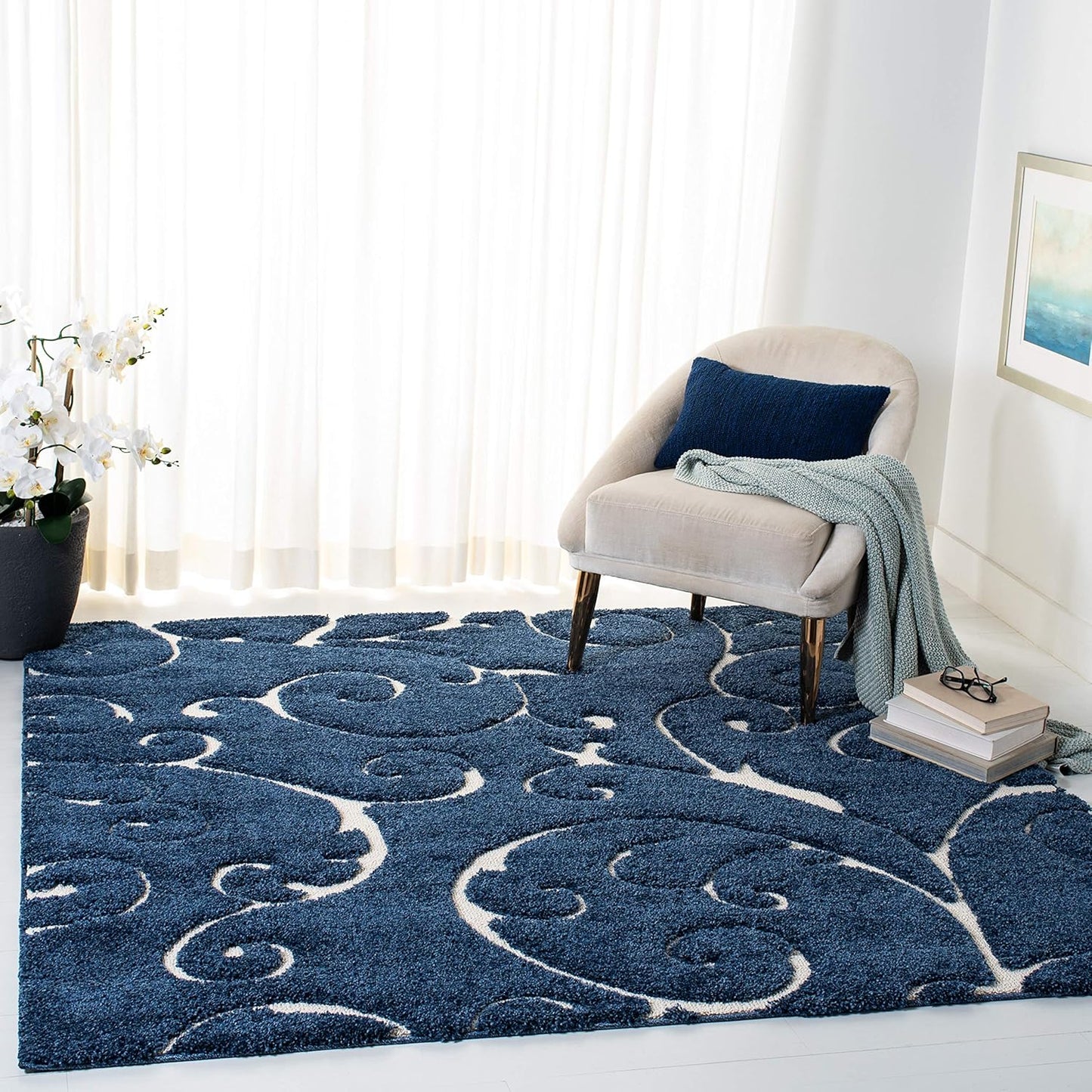 SAFAVIEH Florida Shag Collection Area Rug - 6'7" Square, Dark Blue & Cream, Scroll Design, Non-Shedding & Easy Care, 1.2-inch Thick Ideal for High Traffic Areas in Living Room, Bedroom (SG455-6511)