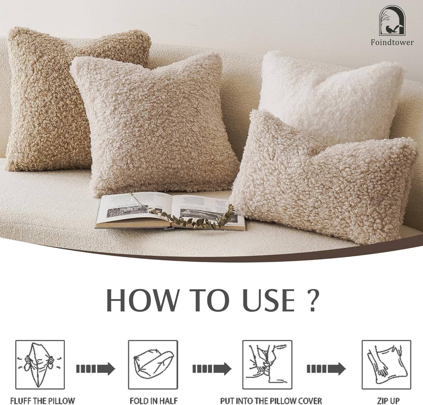 Foindtower 2 Pieces 24x24 Inch Light Khaki, 100% Polyester Throw Pillow Cover Accent Sherpa Pillow Fuzzy Soft Pillowcases Sheepskin Decorative Fleece Cushion Case for Bed Couch Living Room