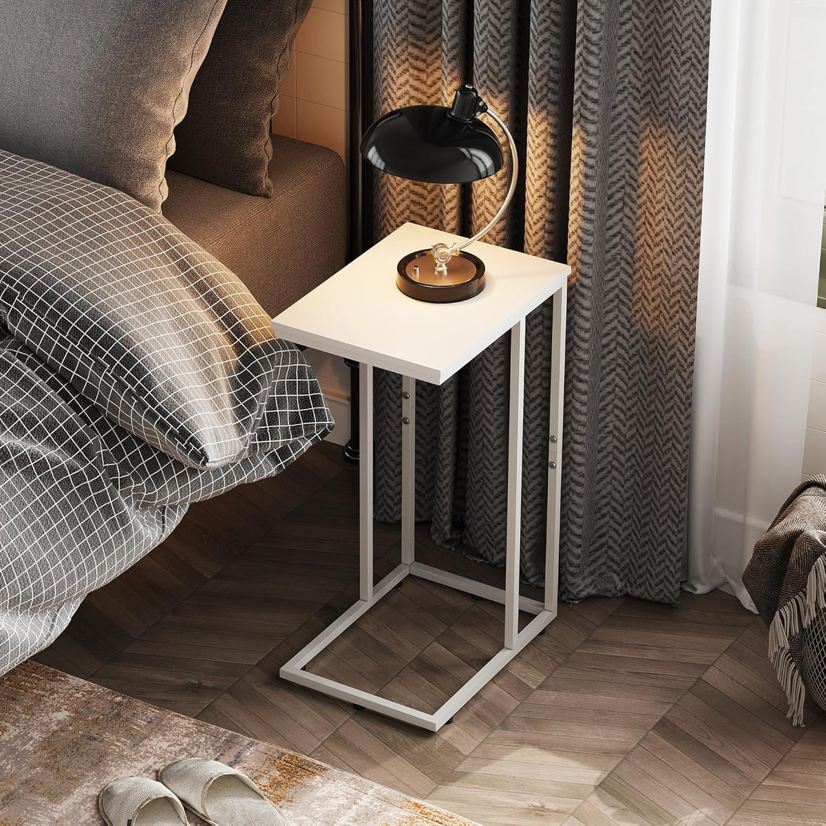 WLIVE Side Table, C Shaped End Table for Couch, Sofa and Bed, Large Desktop C Table for Living Room, Bedroom, Creamy White